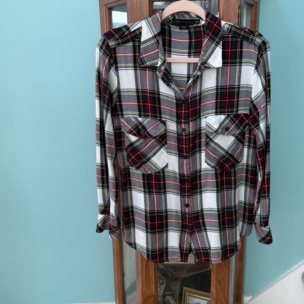 Sanctuary Women’s Plaid Flannel Snap Down Shirt - Red, Dark Green,White SZS
